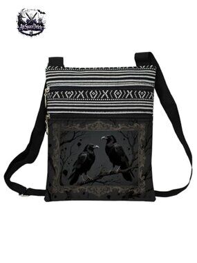 Ethnic Gothic Crow Pattern Crossbody Bag Adjustable Strap Zipper Closure
